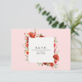 Wildflower Poppy Botanische Roze Bruiloft RSVP Kaartje (Staand voorkant)