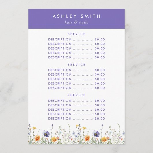 Wildflower Prijs Menu (Achterkant)