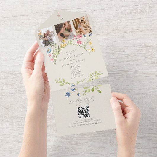 Wildflower QR Code Wedding All In One Uitnodiging (Afscheurbaar)