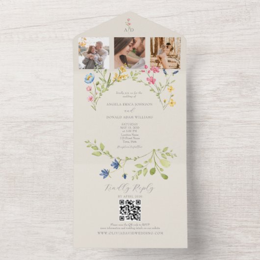 Wildflower QR Code Wedding All In One Uitnodiging (Binnen)