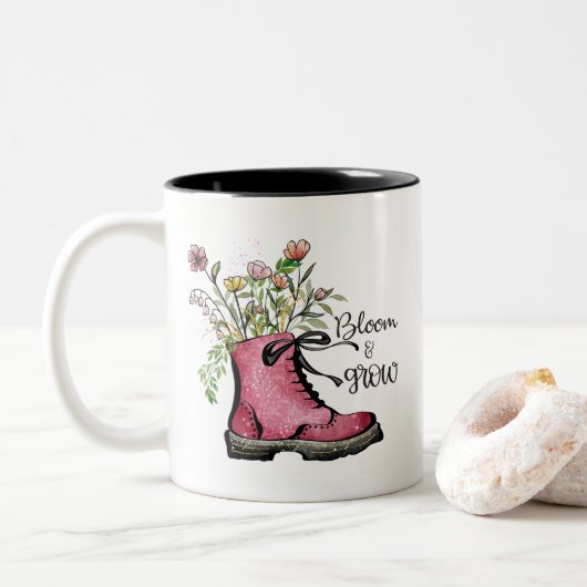 Wildflower Quote Bloei en Groei Tweekleurige Koffiemok (Met donut)