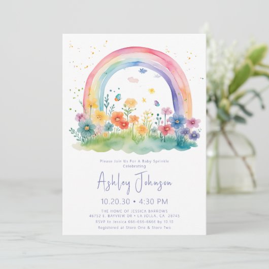 Wildflower Rainbow Baby Girl Sprinkle Uitnodiging (Staand voorkant)