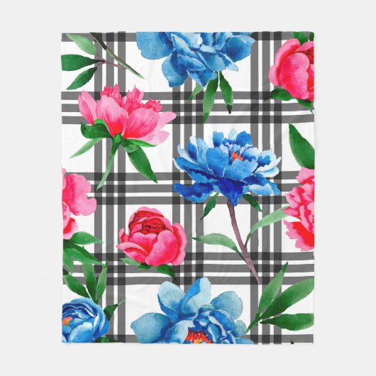 Wildflower red and blue peonies flowers pattern in fleece deken (Voorkant)