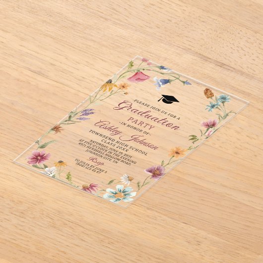 Wildflower Red Botanical Floral Afstuderen Acryl Uitnodigingen (Laagn)