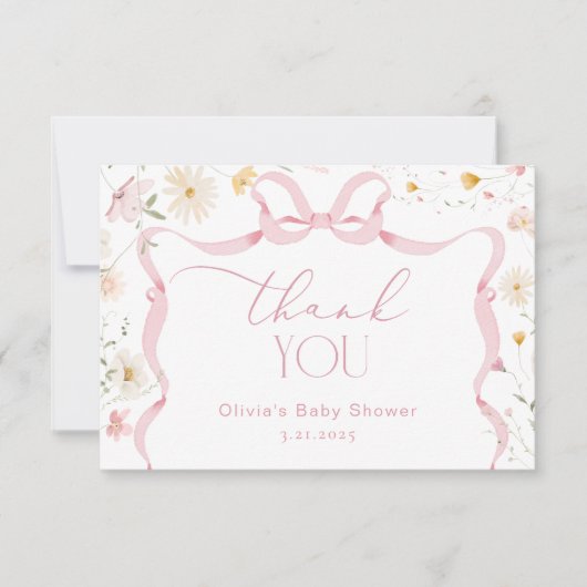 Wildflower Ribbon Bow lijst Baby shower Dank u Bedankkaart (Voorkant)