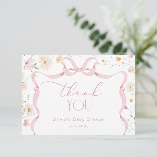 Wildflower Ribbon Bow lijst Baby shower Dank u Bedankkaart (Staand voorkant)