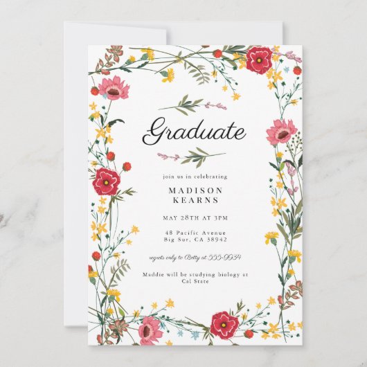 Wildflower Rood Geel 2024 Afstuderen Invitation Kaart (Voorkant)