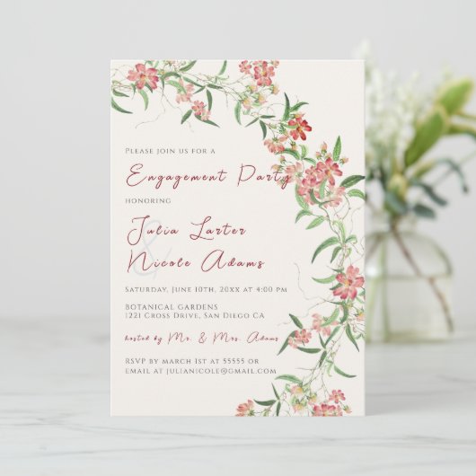 Wildflower Roos Spring Garland Engagement Party Kaart (Staand voorkant)