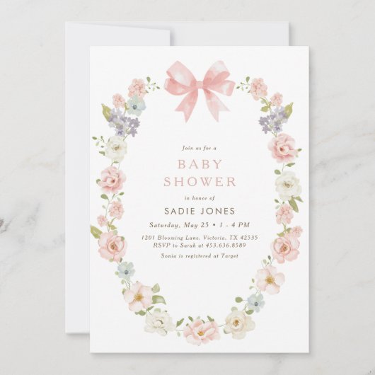 Wildflower Roze Bloemen Baby Meisjes Boog Baby sho Kaart (Voorkant)