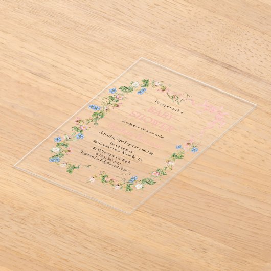 Wildflower Roze Bow Baby shower Acryl Uitnodigingen (Laagn)