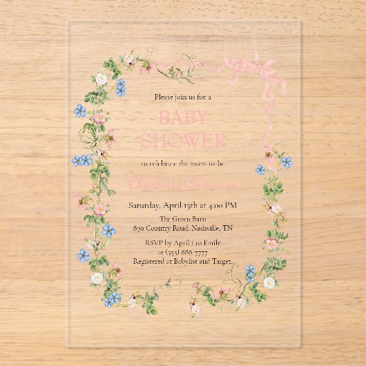Wildflower Roze Bow Baby shower Acryl Uitnodigingen (Voorkant)