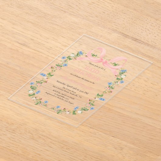 Wildflower Roze Bow Baby shower Acryl Uitnodigingen