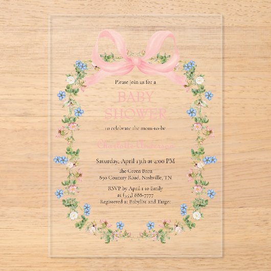 Wildflower Roze Bow Baby shower Acryl Uitnodigingen (Voorkant)