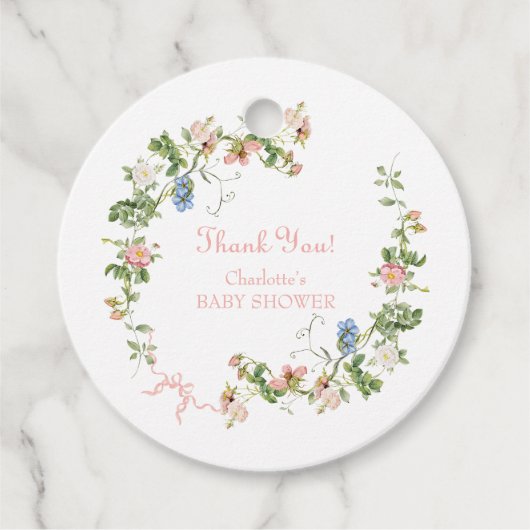 Wildflower Roze Bow Baby shower Bedankjes Labels (Voorkant)