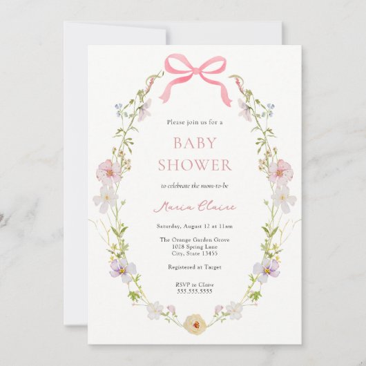 Wildflower Roze Bow Baby shower Kaart (Voorkant)