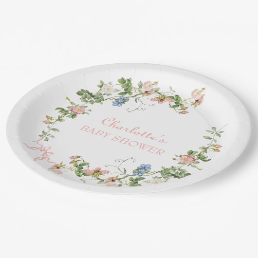 Wildflower Roze Bow Baby shower Papieren Bordje (Gekanteld)