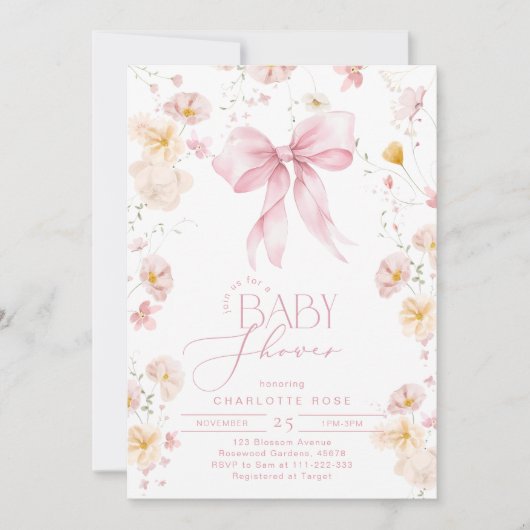 Wildflower Roze Bow Elegant Baby meisje Douche Kaart (Voorkant)