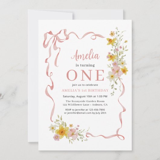 Wildflower Roze Coquette Bow 1e Verjaardag Meisje Kaart (Voorkant)