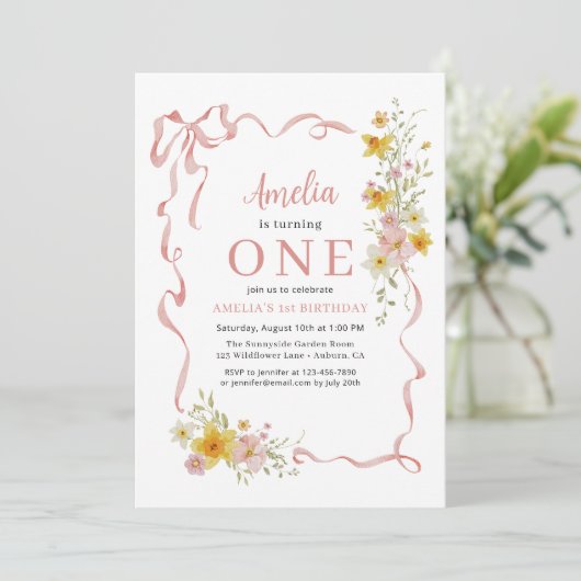 Wildflower Roze Coquette Bow 1e Verjaardag Meisje Kaart (Staand voorkant)