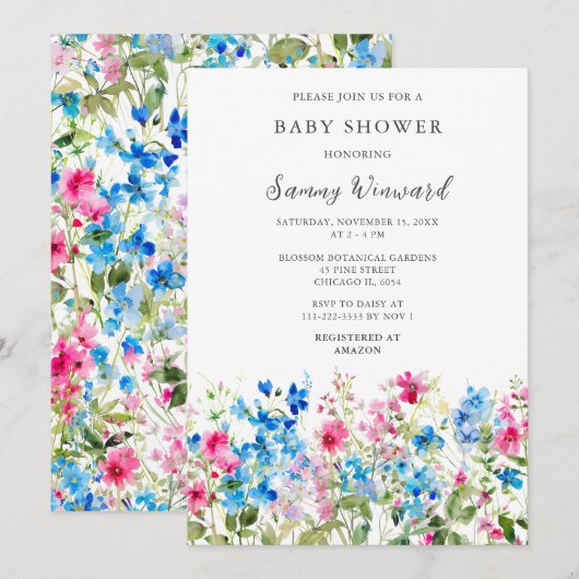 Wildflower Roze en Blauwe Bloemen Baby shower Kaart (Voorkant / Achterkant)