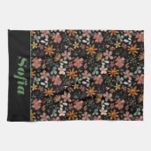 Wildflower roze geel patroon aangepaste naam zwart theedoek (Horizontaal)