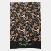 Wildflower roze geel patroon aangepaste naam zwart theedoek (Verticaal)