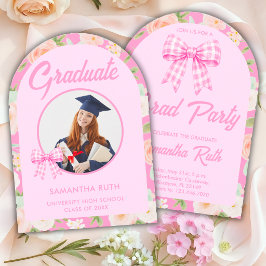 Wildflower Roze Gingham Boog Foto Afstudeerfeest Kaart