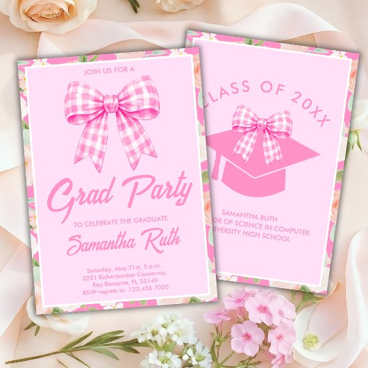 Wildflower Roze Gingham Strik Afstudeerfeest Kaart