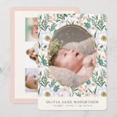 Wildflower roze meisje foto geboorte aankondiging (Voorkant / Achterkant)