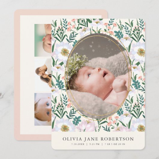 Wildflower roze meisje foto geboorte aankondiging (Voorkant / Achterkant)