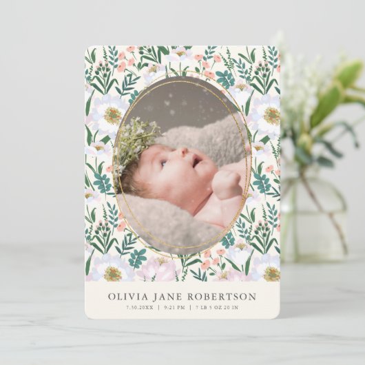 Wildflower roze meisje foto geboorte aankondiging (Staand voorkant)