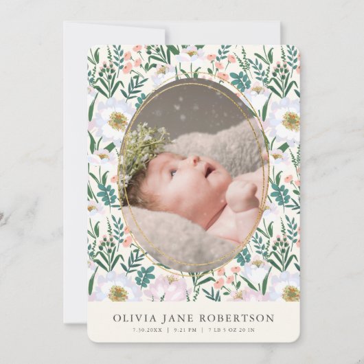 Wildflower roze meisje foto geboorte aankondiging (Voorkant)
