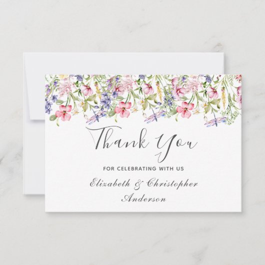 Wildflower Roze Paarse Bloemen Dragonfly Bruiloft Bedankkaart (Voorkant)