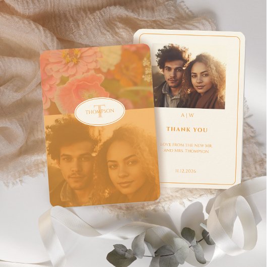  Wildflower Roze Poppy Wedding Monogram Bedankkaart