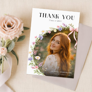 Wildflower Roze Strik Foto Afstudeer Bedankt Briefkaart