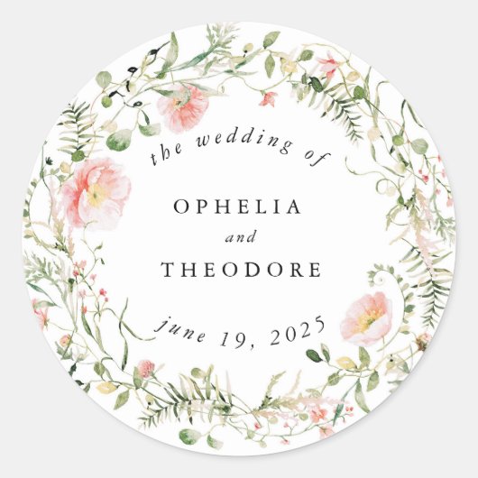 Wildflower Roze Waterverf bruiloft gunst Dank u Ronde Sticker (Voorkant)
