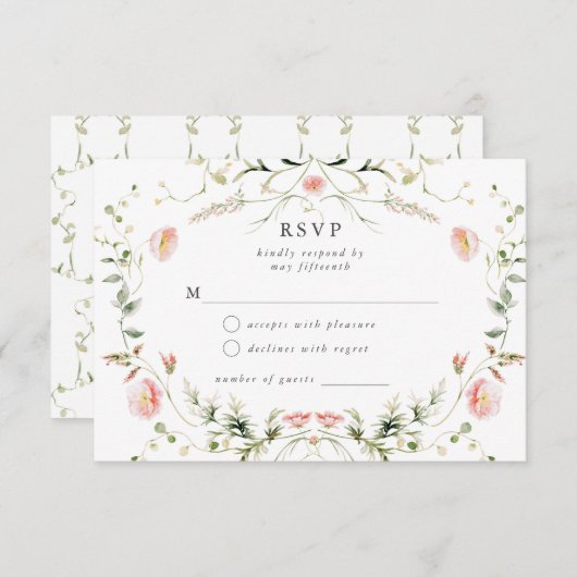 Wildflower Roze Waterverf Elegant Huwelijk RSVP Informatiekaartje (Voorkant / Achterkant)