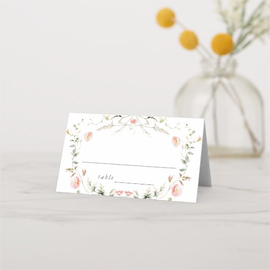 Wildflower Roze Waterverf Elegante bruiloft Plaatskaartje (Voorkant)