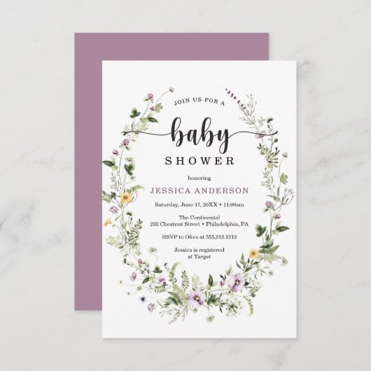 Wildflower Rustic Baby shower Invitation Kaart (Voorkant / Achterkant)