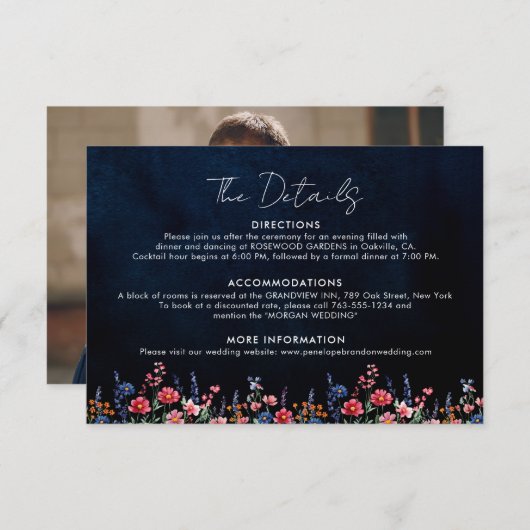 Wildflower Rustic Boho Floral Navy Wedding Details Informatiekaartje (Voorkant / Achterkant)