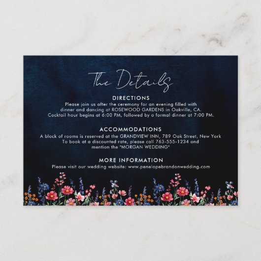 Wildflower Rustic Boho Floral Navy Wedding Details Informatiekaartje (Voorkant)