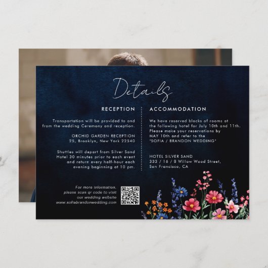 Wildflower Rustic Boho Floral Navy Wedding Details Informatiekaartje (Voorkant / Achterkant)