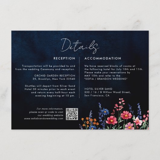 Wildflower Rustic Boho Floral Navy Wedding Details Informatiekaartje (Voorkant)
