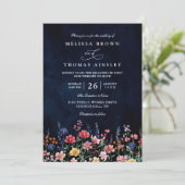 Wildflower Rustic Boho Navy Chic QR Code Wedding Kaart (Staand voorkant)