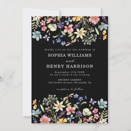 Wildflower Rustic Chic Black Wedding QR-code Kaart (Voorkant)