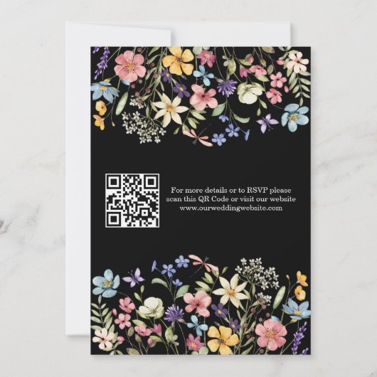 Wildflower Rustic Chic Black Wedding QR-code Kaart (Achterkant)