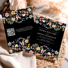 Wildflower Rustic Chic Black Wedding QR-code Kaart