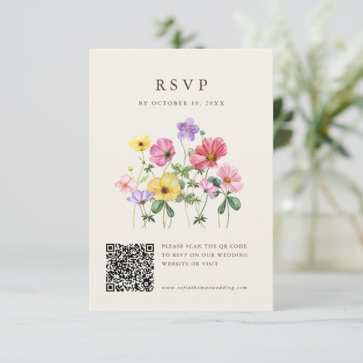 Wildflower Rustic Chic Bloemen Boho Foto QR Code RSVP Kaartje (Staand voorkant)