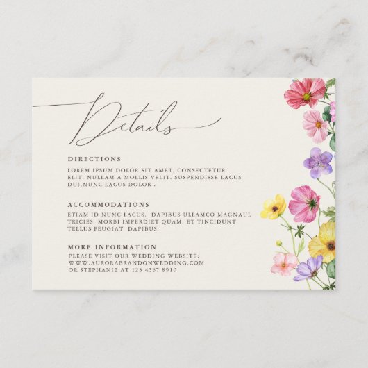 Wildflower Rustic Chic Bloemen Boho Wedding Detail Informatiekaartje (Voorkant)