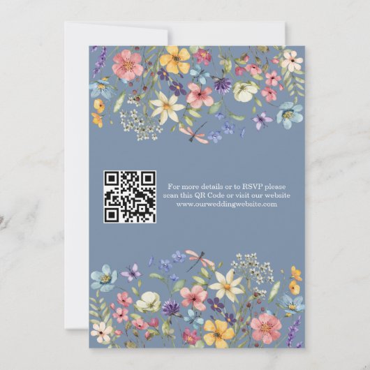 Wildflower Rustic Chic Blue Wedding QR-code Kaart (Achterkant)